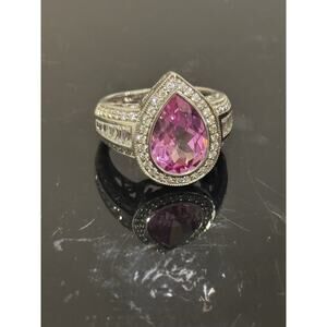 Size 6 Sterling Silver Ring, Pear Cut Pink Sapphire With CZ Accents